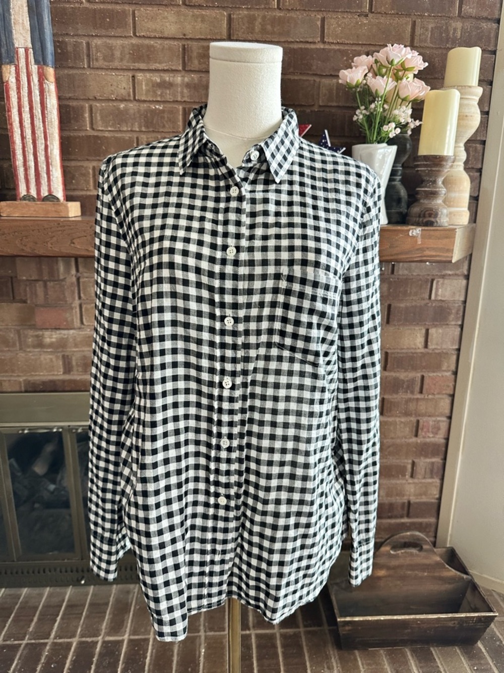 J.Crew Black White Gingham Check Boy Fit Button Down Shirt 10 Classic Academia